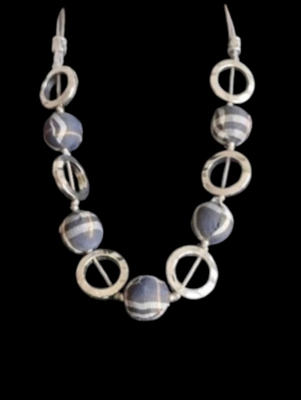 Silver And Navy Plaid Bead Statement Necklace